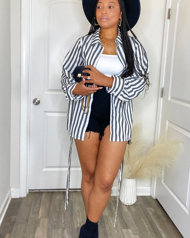 Unmatched Striped Button Up Blouse with Waist Tie