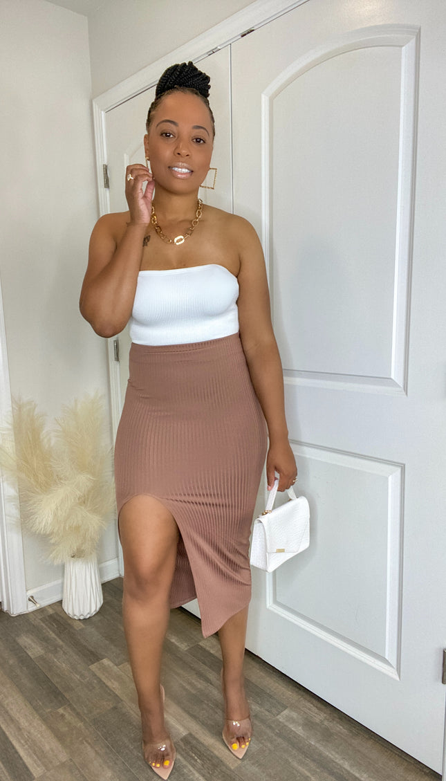 Unmatched High Slit Ribbed Midi Skirt - Mocha