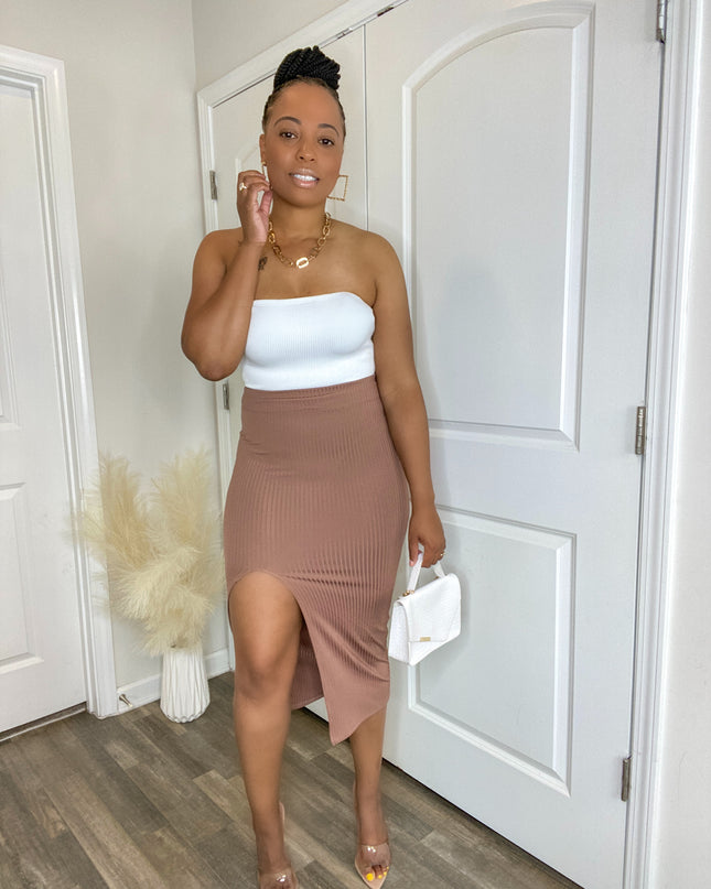 Unmatched High Slit Ribbed Midi Skirt - Mocha
