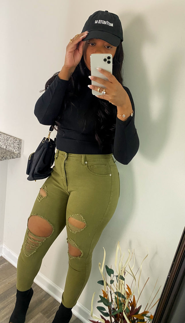 UMB Distressed High Rise Denim - Olive