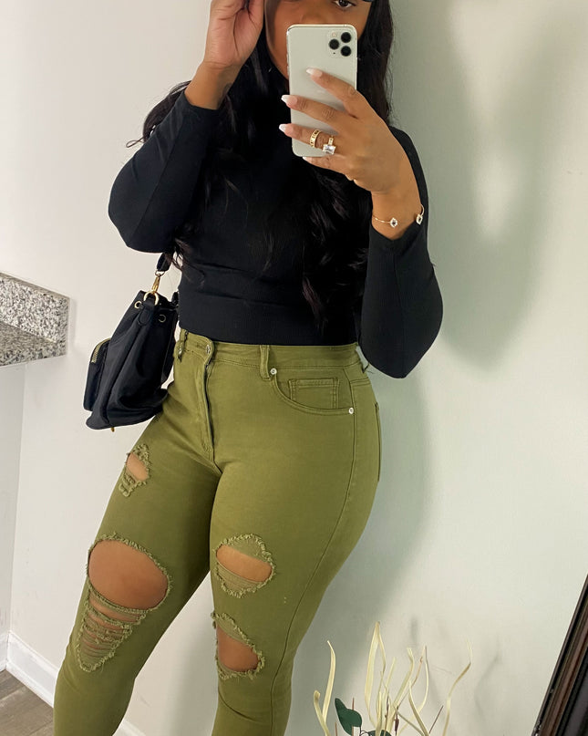 UMB Distressed High Rise Denim - Olive