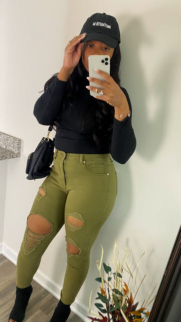 UMB Distressed High Rise Denim - Olive