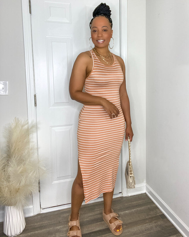 Unmatched Striped Midi Dress - Peach