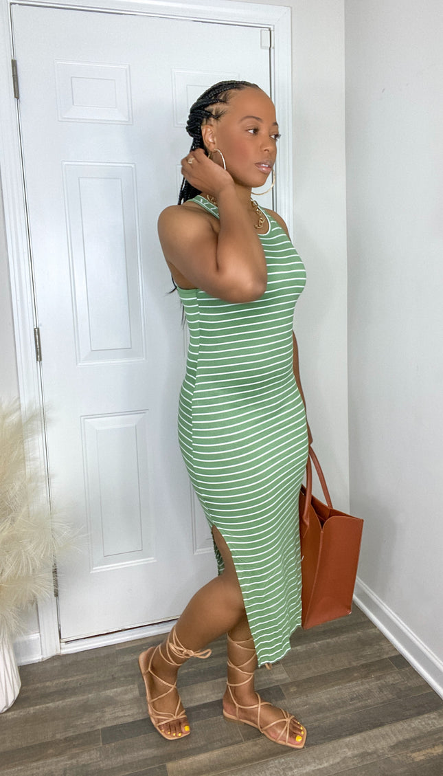 Unmatched Striped Midi Dress - Green
