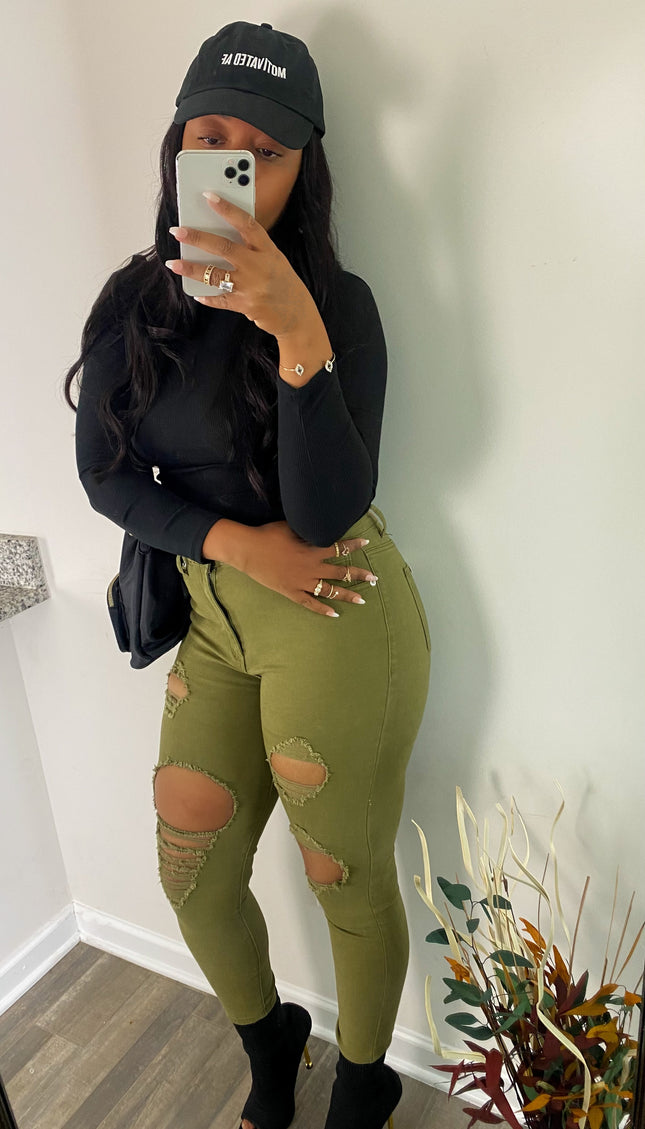 UMB Distressed High Rise Denim - Olive