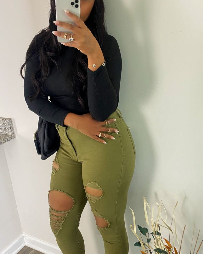 UMB Distressed High Rise Denim - Olive