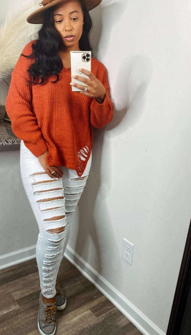 Unmatched Cozy V-Neck Sweater - Rust