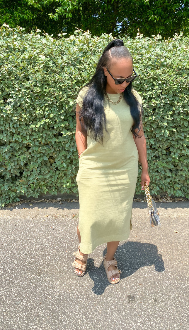 Unmatched Casual Midi Dress - Moss