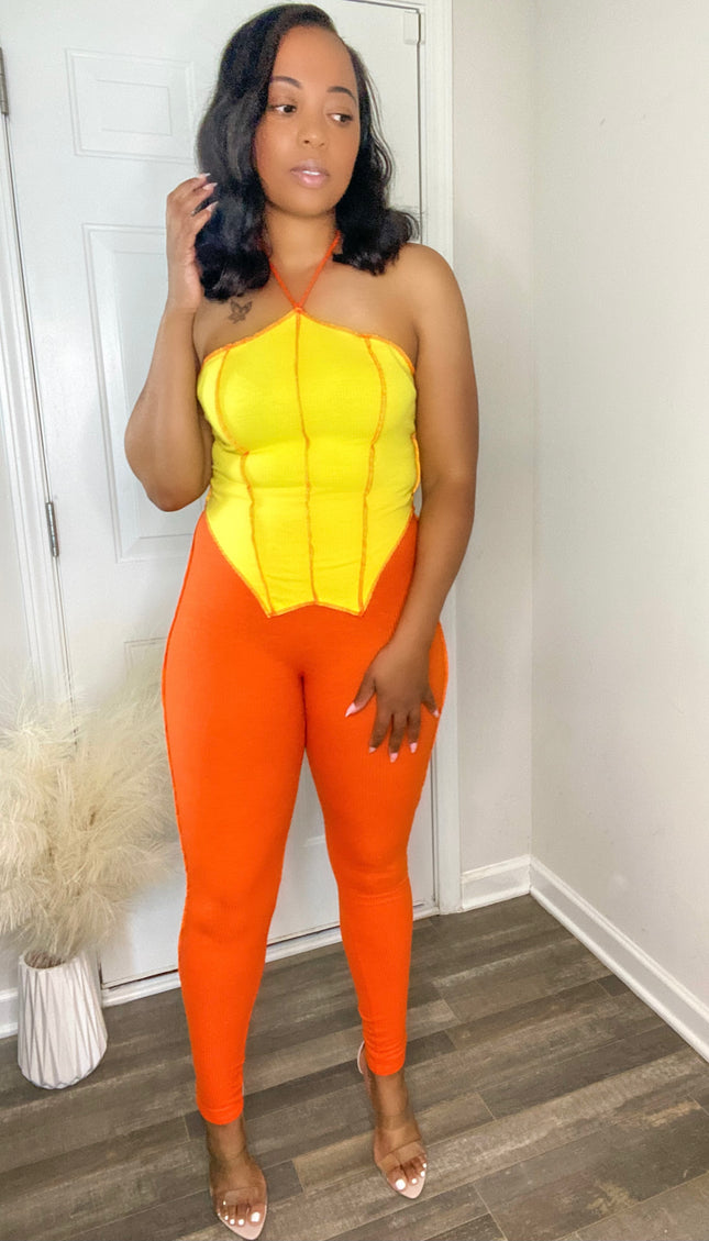 Unmatched Color Block Ribbed Set - Orange/Yellow