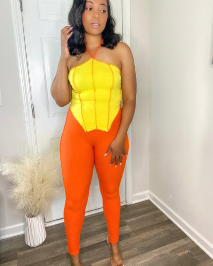 Unmatched Color Block Ribbed Set - Orange/Yellow