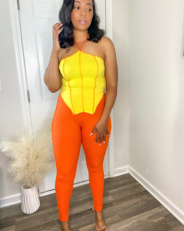 Unmatched Color Block Ribbed Set - Orange/Yellow