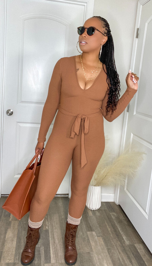 Unmatched Ribbed Waist Tie Jumpsuit - Brown