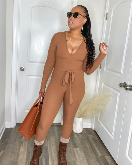 Unmatched Ribbed Waist Tie Jumpsuit - Brown