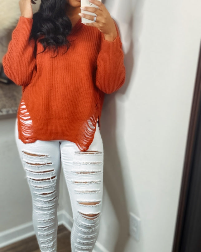 Unmatched Cozy V-Neck Sweater - Rust