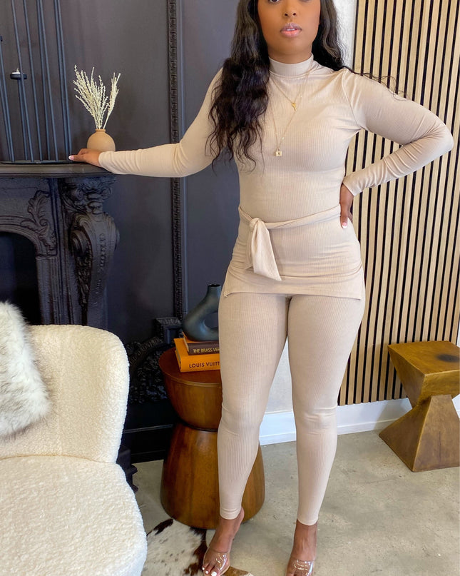 Unmatched Ribbed Tie Waist Set - Nude