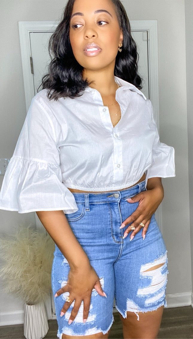 Unmatched Distressed High Waisted Bermuda Shorts- Medium Wash