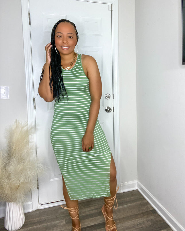 Unmatched Striped Midi Dress - Green