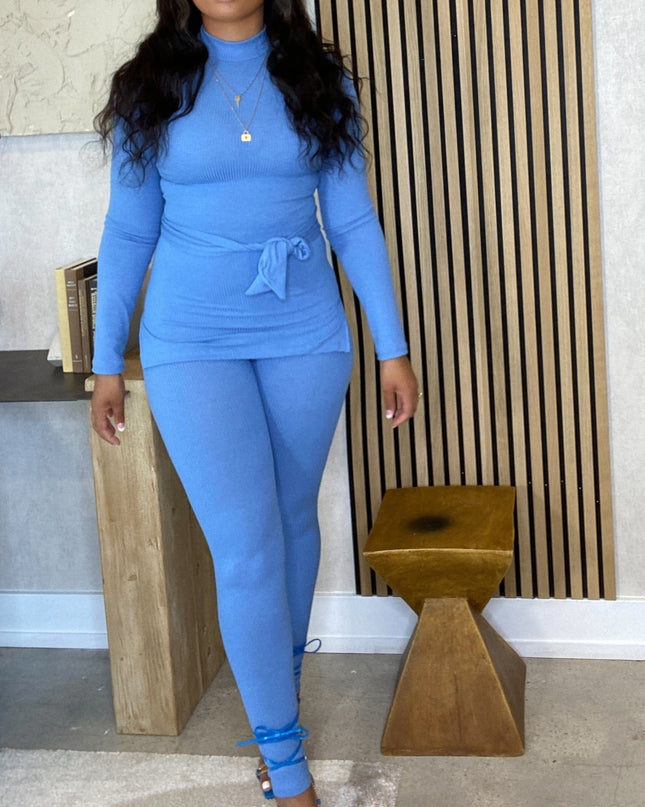 Unmatched Ribbed Tie Waist Set - Denim