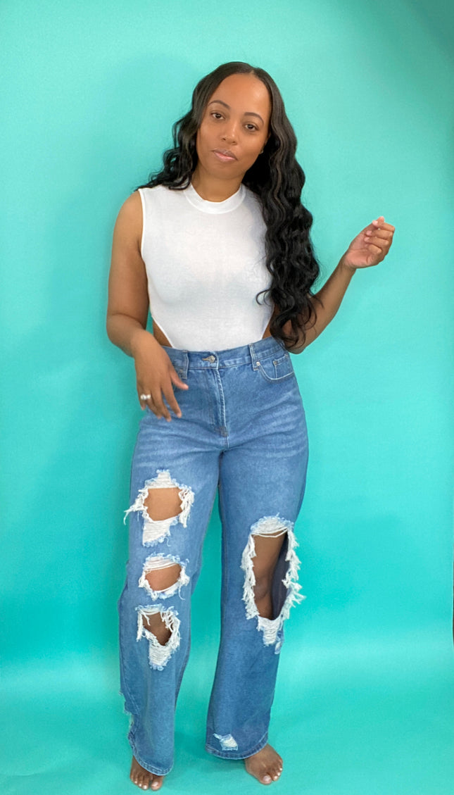 Unmatched Distressed Wide Leg Denim
