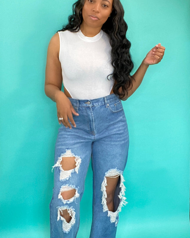 Unmatched Distressed Wide Leg Denim